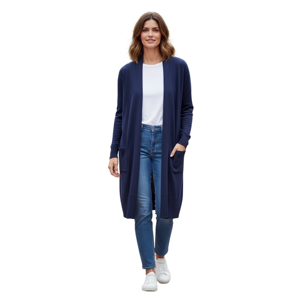 Tommy Bahama Navy Blue Silk Cotton Cashmere Longline Open Front Cardigan M